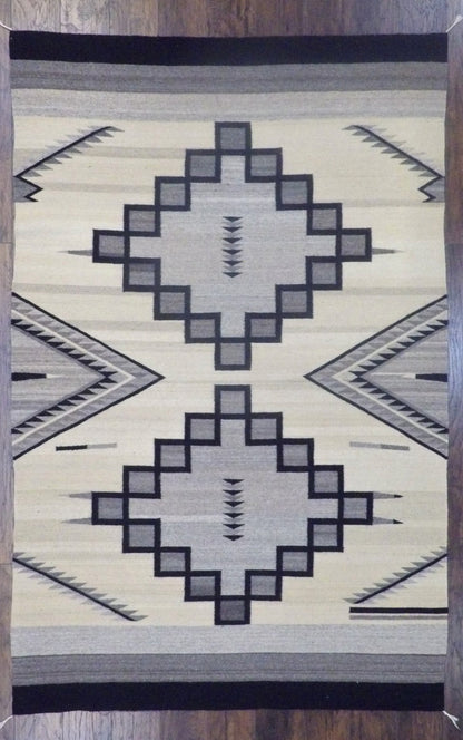 American Indian Flat Weave Durry hand-knotted wool rug in Ivory & Black, full view