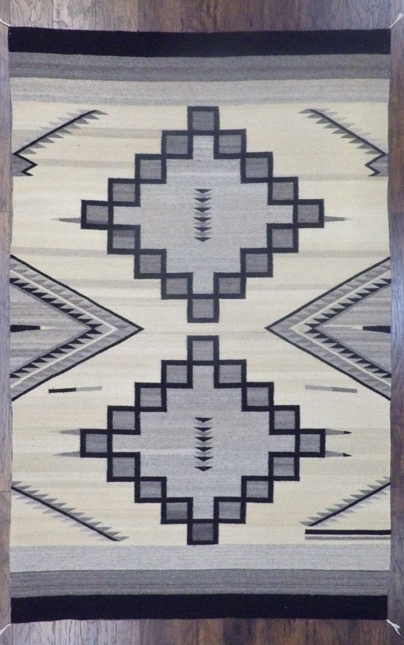 American Indian Flat Weave Durry hand-knotted wool rug in Ivory & Black, full view