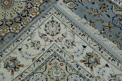 Traditional Fine Nain hand-knotted wool-silk rug in Blue & Beige, full view