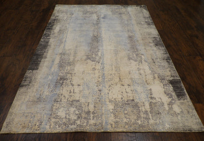 Close-up of silky wool-silk pile, blue and gray rug