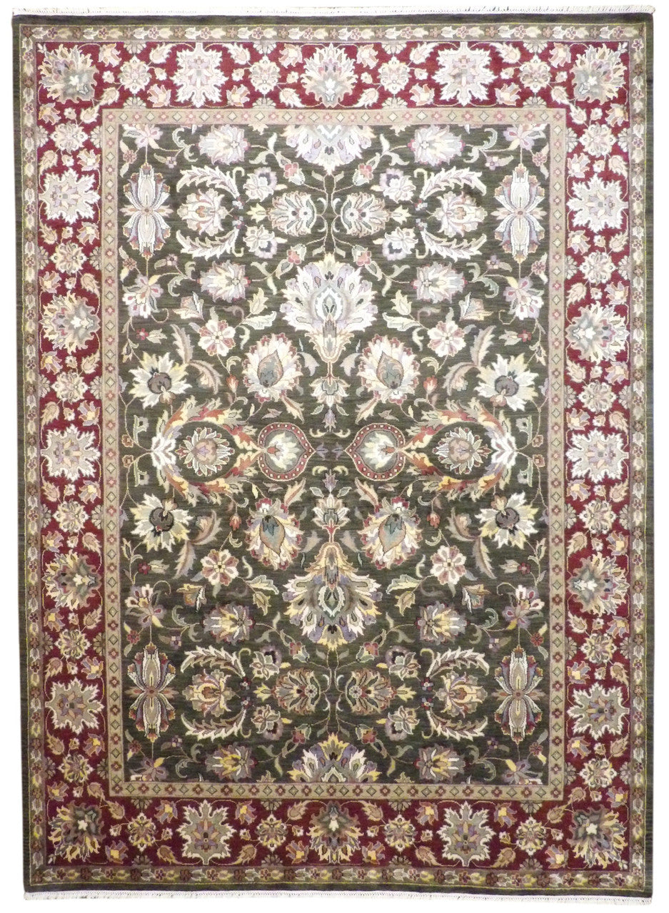 Jaipur Kashan hand-knotted wool-silk rug in green and red, full view, 9x12