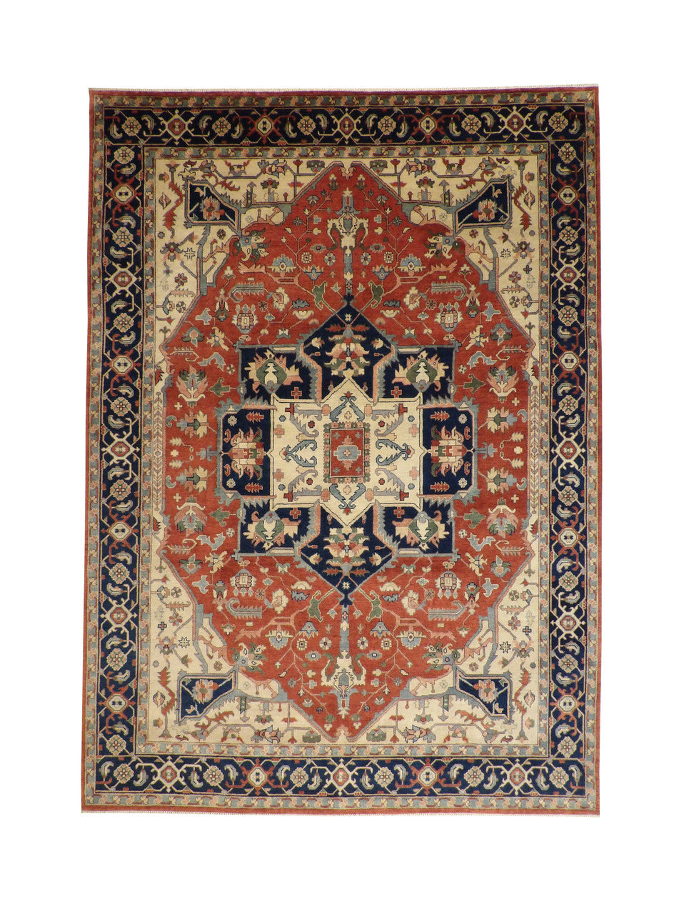 Tribal Heriz hand-knotted wool rug in Blue & Beige, full view