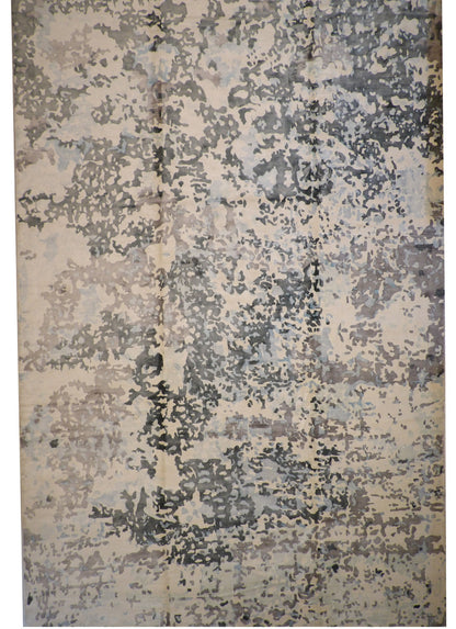 Modern Abstract Broken Design hand-knotted silk rug in Beige, full view