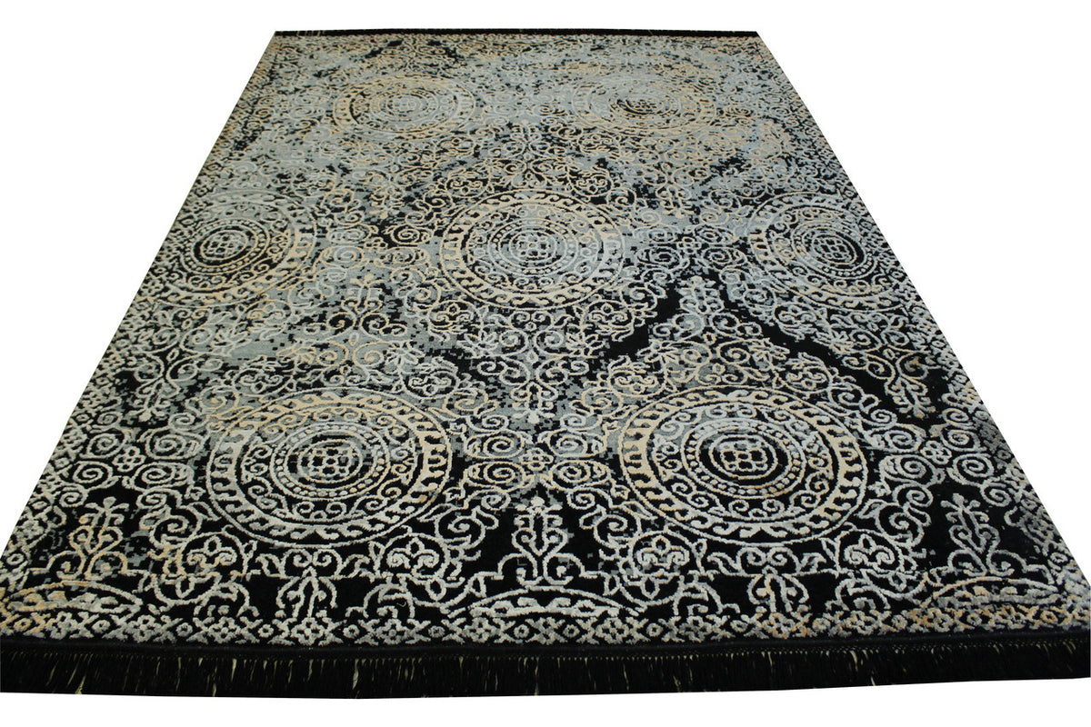 Close-up of wool-silk pile, Black & Gray rug