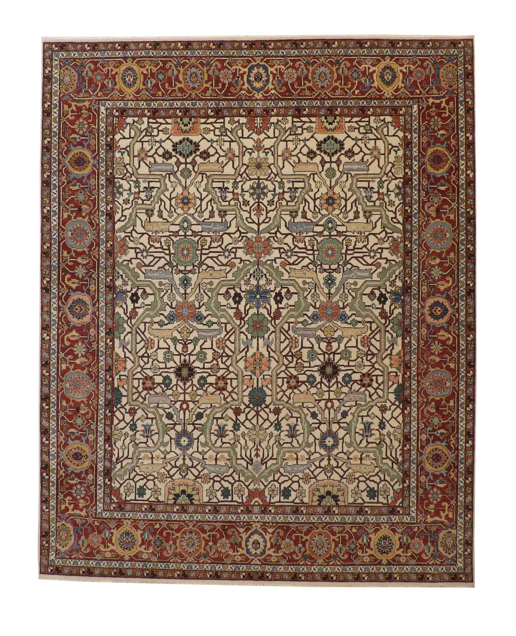 Traditional Fine Sherapi hand-knotted wool rug in Blue & Beige, full view