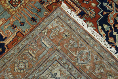 Tribal Heriz Design hand-knotted wool rug in Blue & Rust, full view