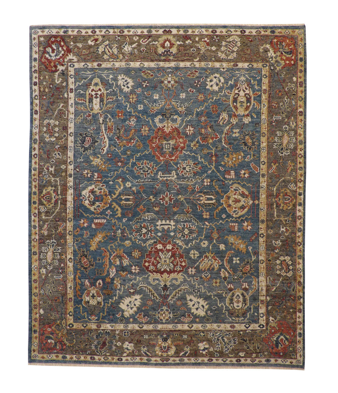 Traditional Colorful Ziegler hand-knotted wool rug in Blue & Brown, full view