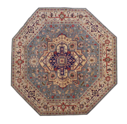 Tribal Indo Heriz hand-knotted wool rug in Blue & Beige, full view
