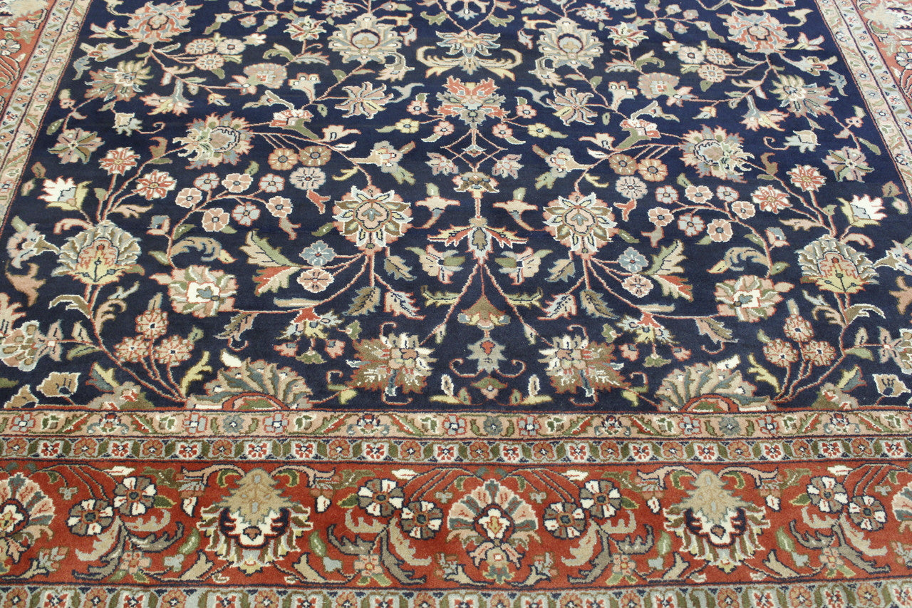 Traditional Fine Farhan hand-knotted wool rug in Blue & Rust, full view
