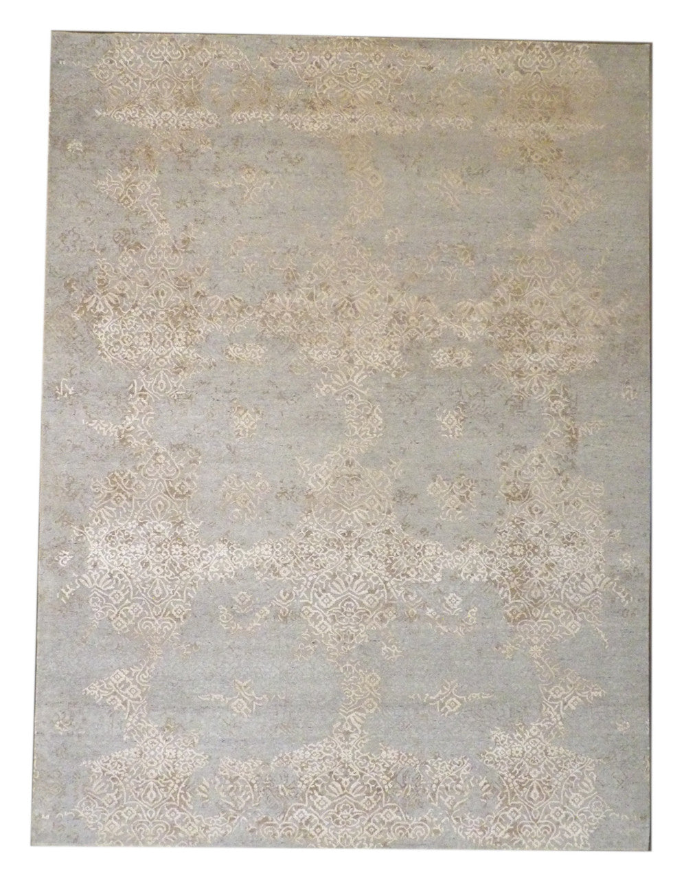 Transitional Broken Design Hand Carved hand-knotted wool-silk rug in Brown & Beige, full view