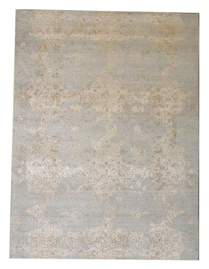Transitional Broken Design Hand Carved hand-knotted wool-silk rug in Brown & Beige, full view