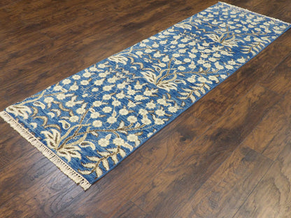 Floral pattern detail, blue and beige runner