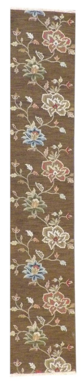 Transitional Floral Design Soumak Weave hand-knotted wool rug in Brown & Gold, full view