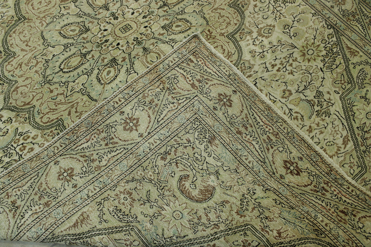 Beige & Green Traditional Vintage Kannysar rug in room setting