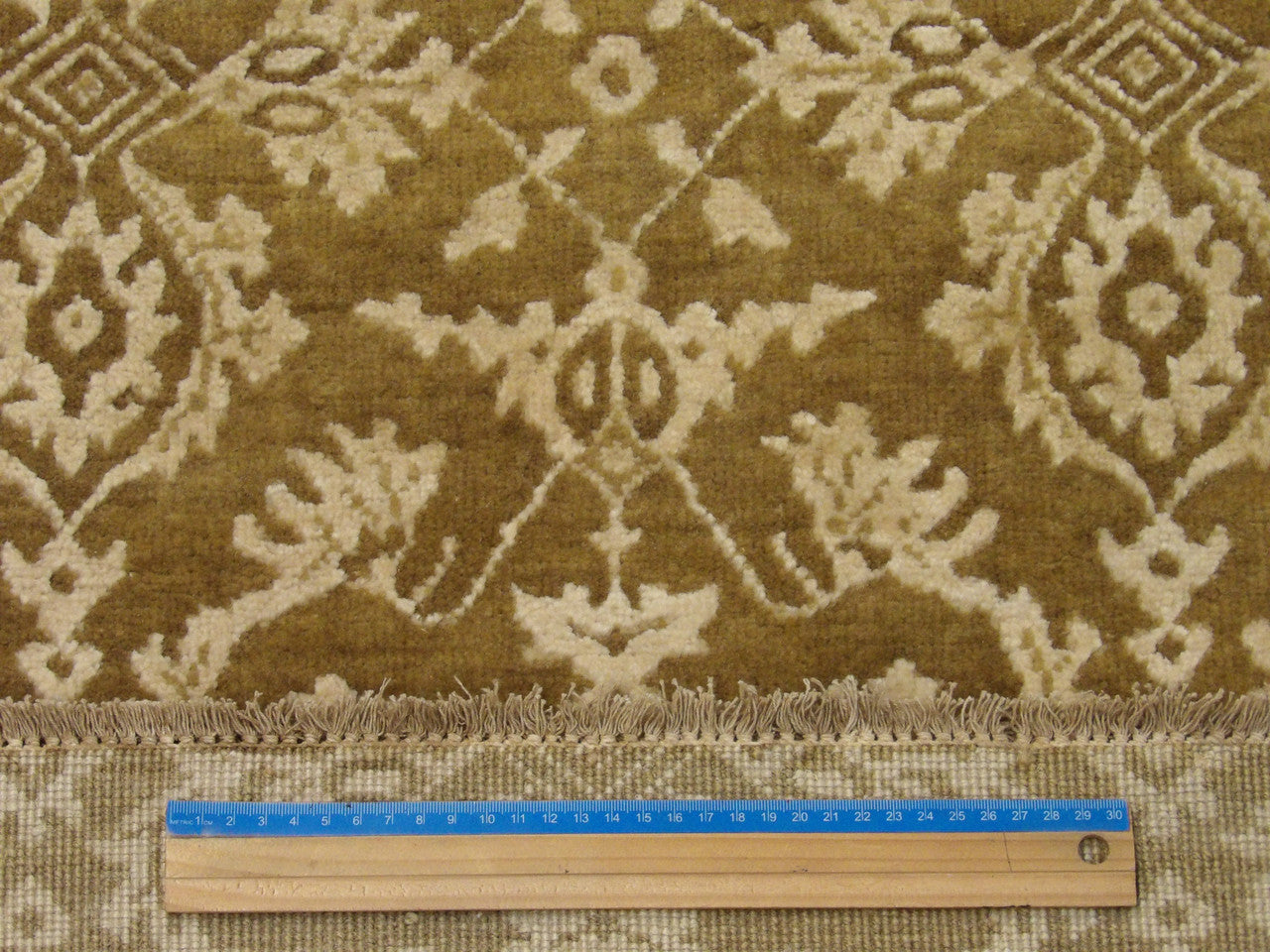 Gold & Beige Transitional Damask rug in room setting
