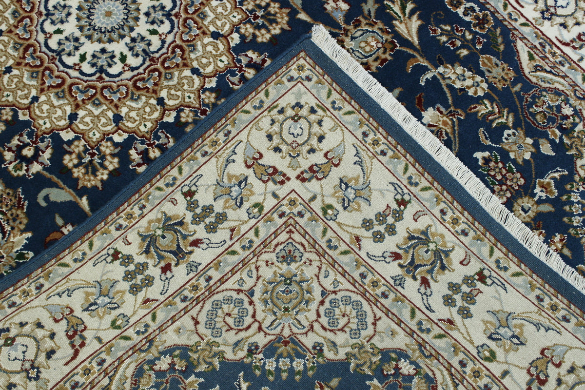 Traditional Fine Nain hand-knotted wool-silk rug in Blue & Beige, full view