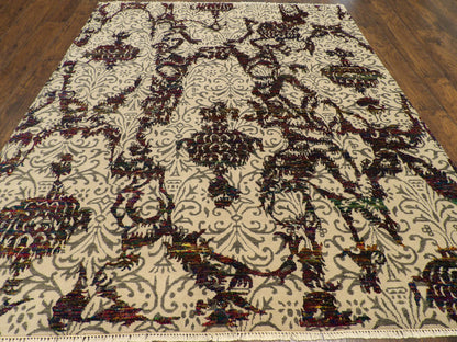 Close-up of sari silk-wool pile, beige and red rug