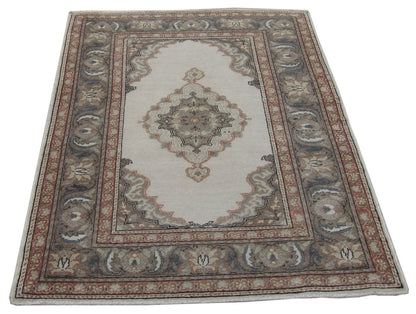 Antique Oushak rug border detail, gray and rust