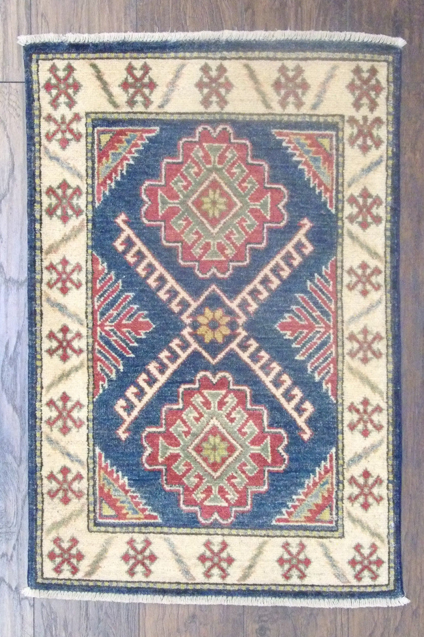 Tribal Super Kazak hand-knotted wool rug in blue and beige, full view