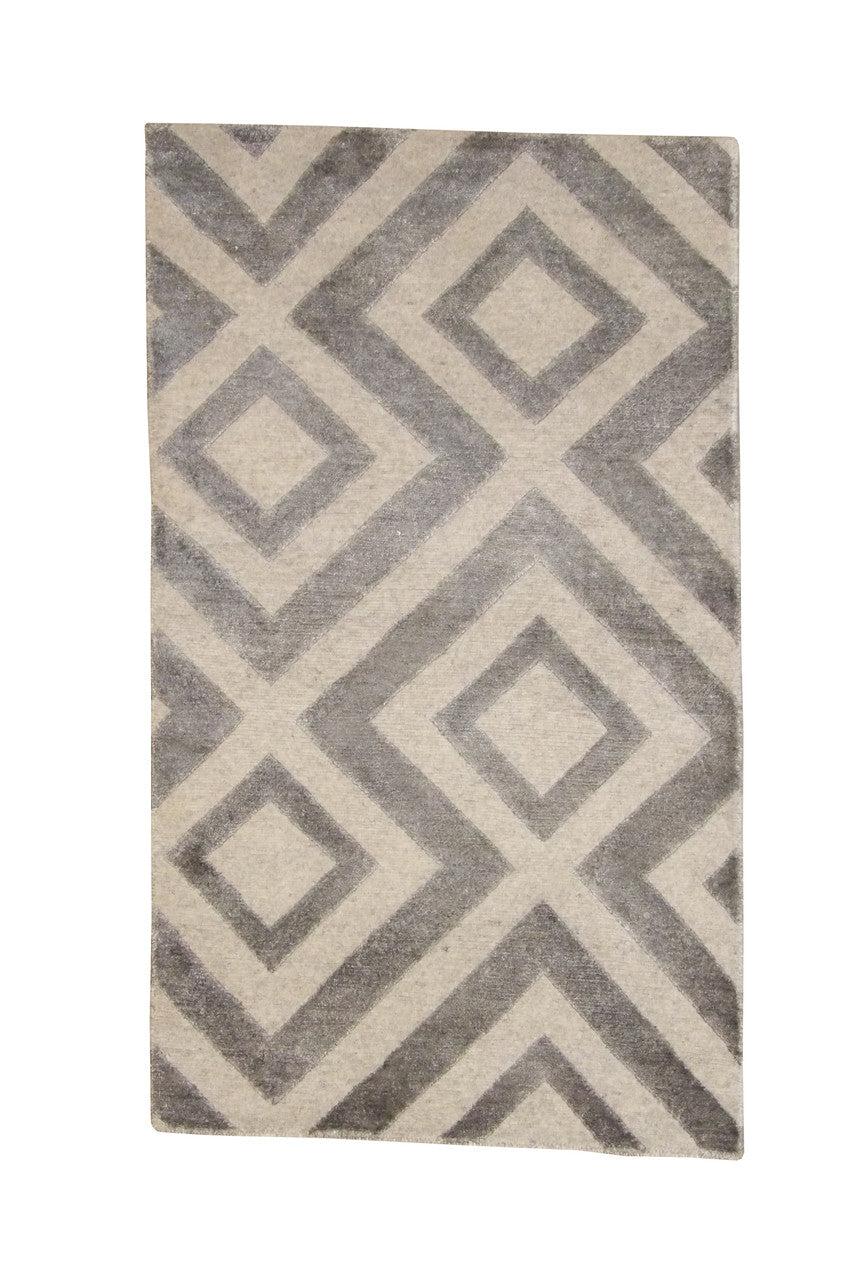 Modern Diamond Design hand-knotted wool-silk rug in Gray, full view