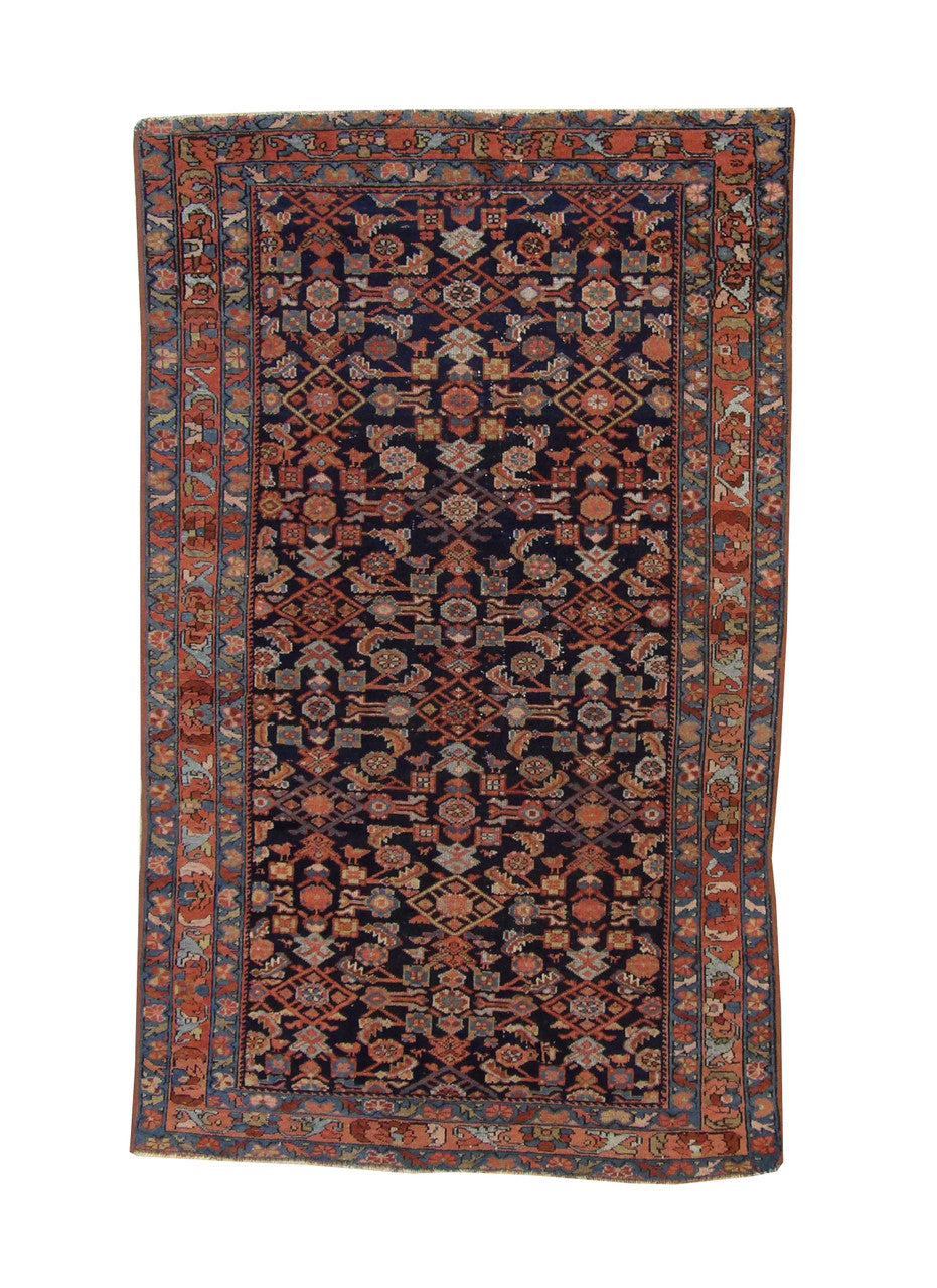 Traditional Antique Mir hand-knotted wool rug in Blue & Red, full view