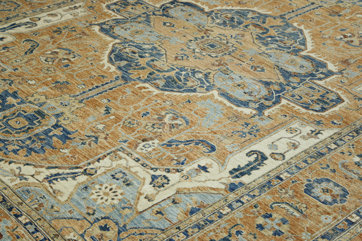 Blue & Rust Oushak Heriz Chobi rug in room setting