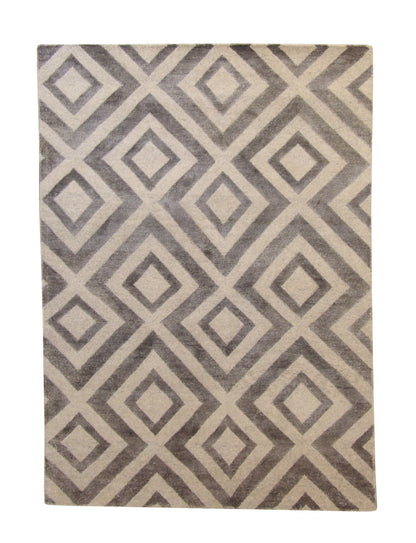 Modern Diamond Design hand-knotted wool-silk rug in Gray & Beige, full view