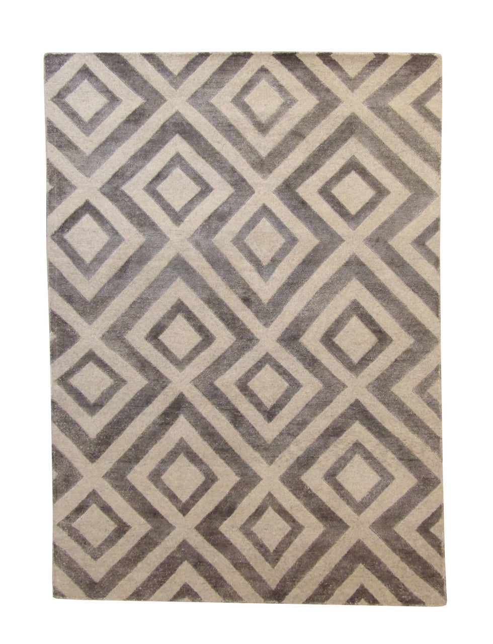 Modern Diamond Design hand-knotted wool-silk rug in Gray & Beige, full view
