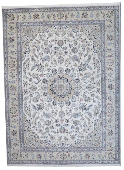 Fine Persian Nain hand-knotted wool-silk rug in Beige, full view