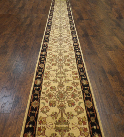 Close-up of thick wool pile, black and beige runner