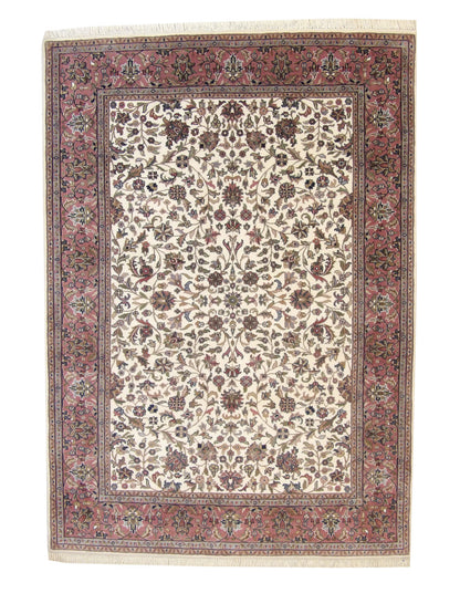 Traditional Mahal Design hand-knotted wool rug in Beige & Pink, full view