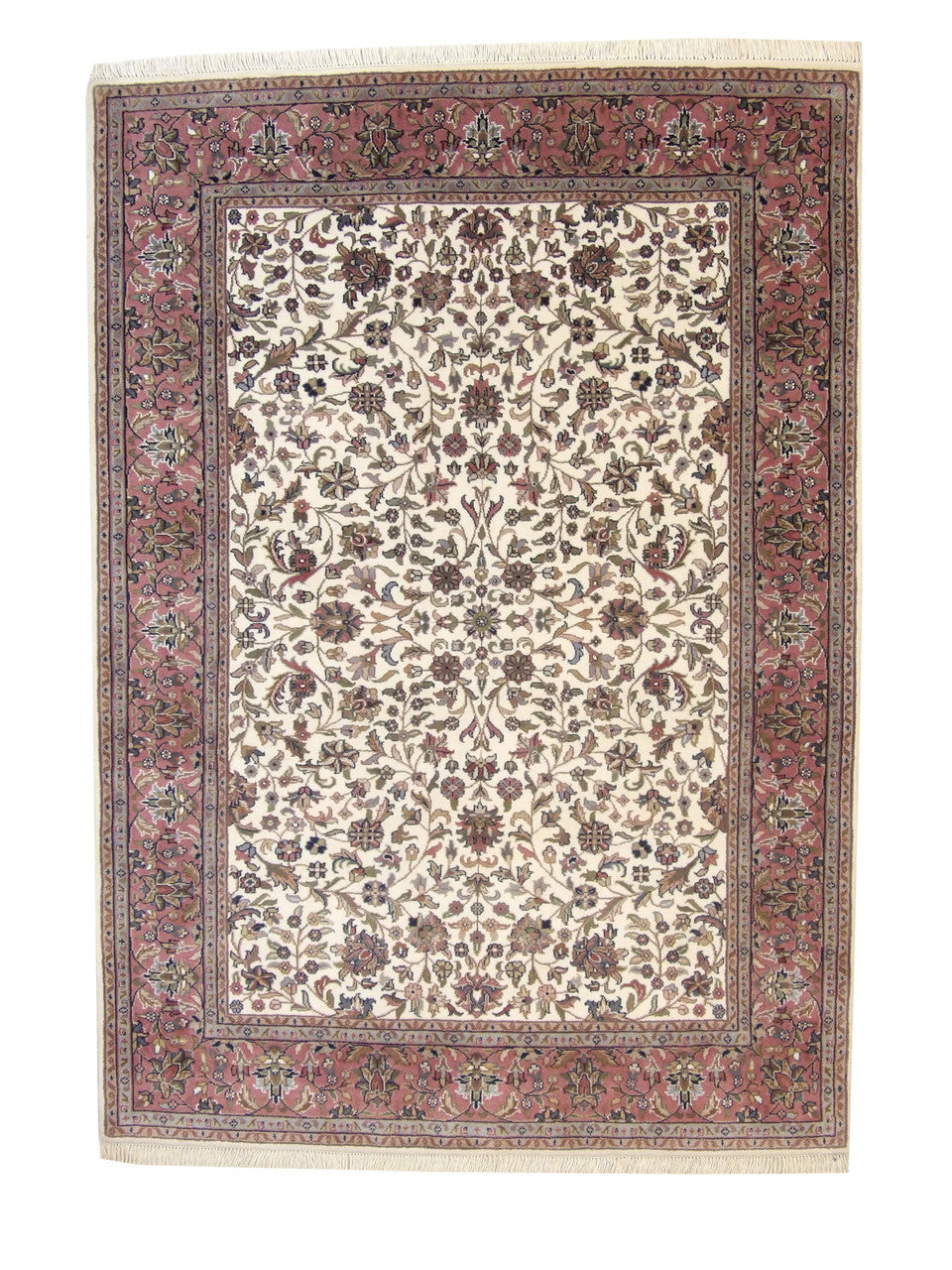 Traditional Mahal Design hand-knotted wool rug in Beige & Pink, full view