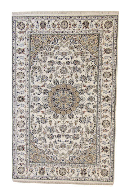 Traditional Fine Nain hand-knotted wool rug in Beige, full view