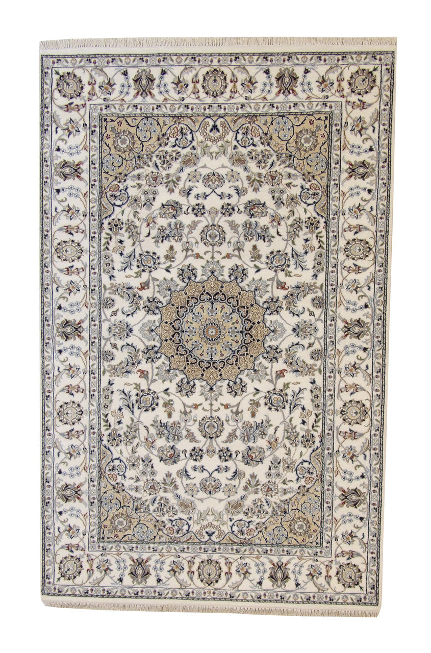 Traditional Fine Nain hand-knotted wool rug in Beige, full view