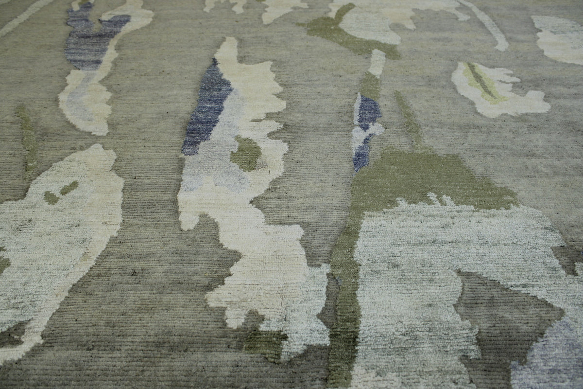 Close-up of wool-silk pile, Gray & Green rug