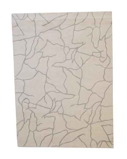 Modern Abstract Design hand-knotted wool-silk rug in Gray & White, full view