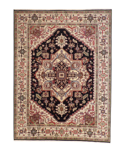 Tribal Heriz hand-knotted wool rug in Black & Beige, full view