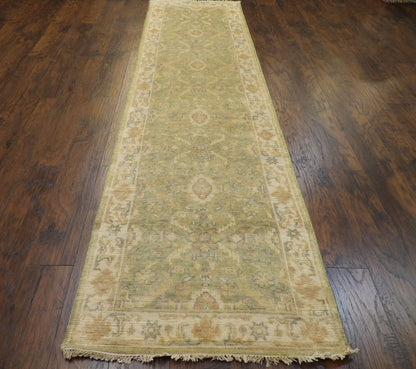 Back of hand-knotted Oushak runner showing construction