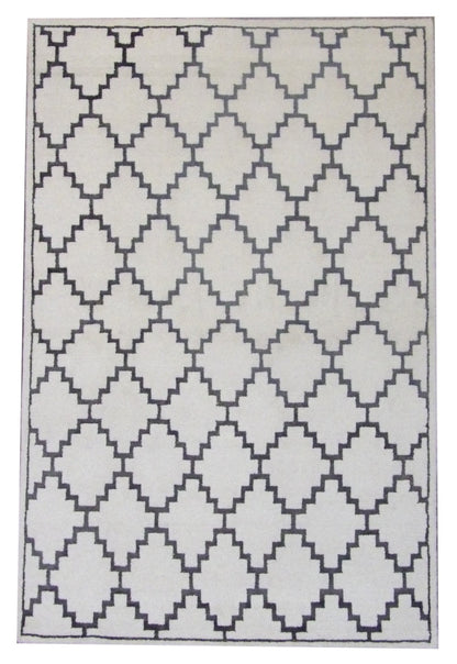 Transitional Moroccan diamond hand-knotted wool rug in gray and ivory, full view