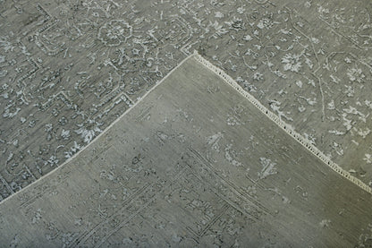 Transitional Broken Heriz Design hand-knotted wool-silk rug in Blue & Gray, full view