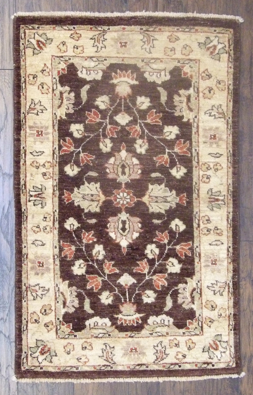 Oushak Chobi hand-knotted wool rug in brown and beige, full view