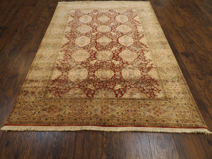 Close-up of wool-silk pile, Beige & Rust rug