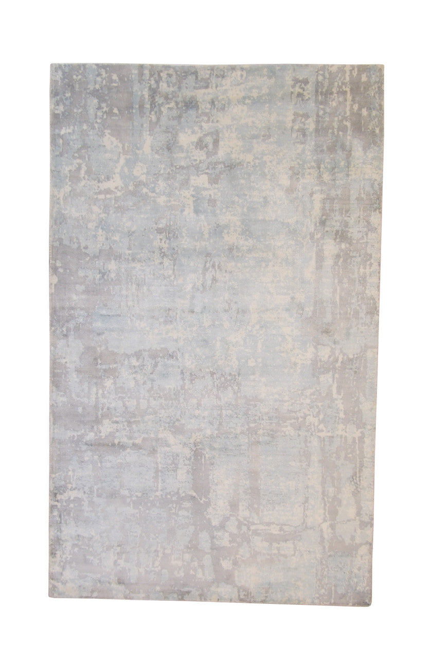 Modern Abstract Design hand-knotted silk rug in Blue & White, full view