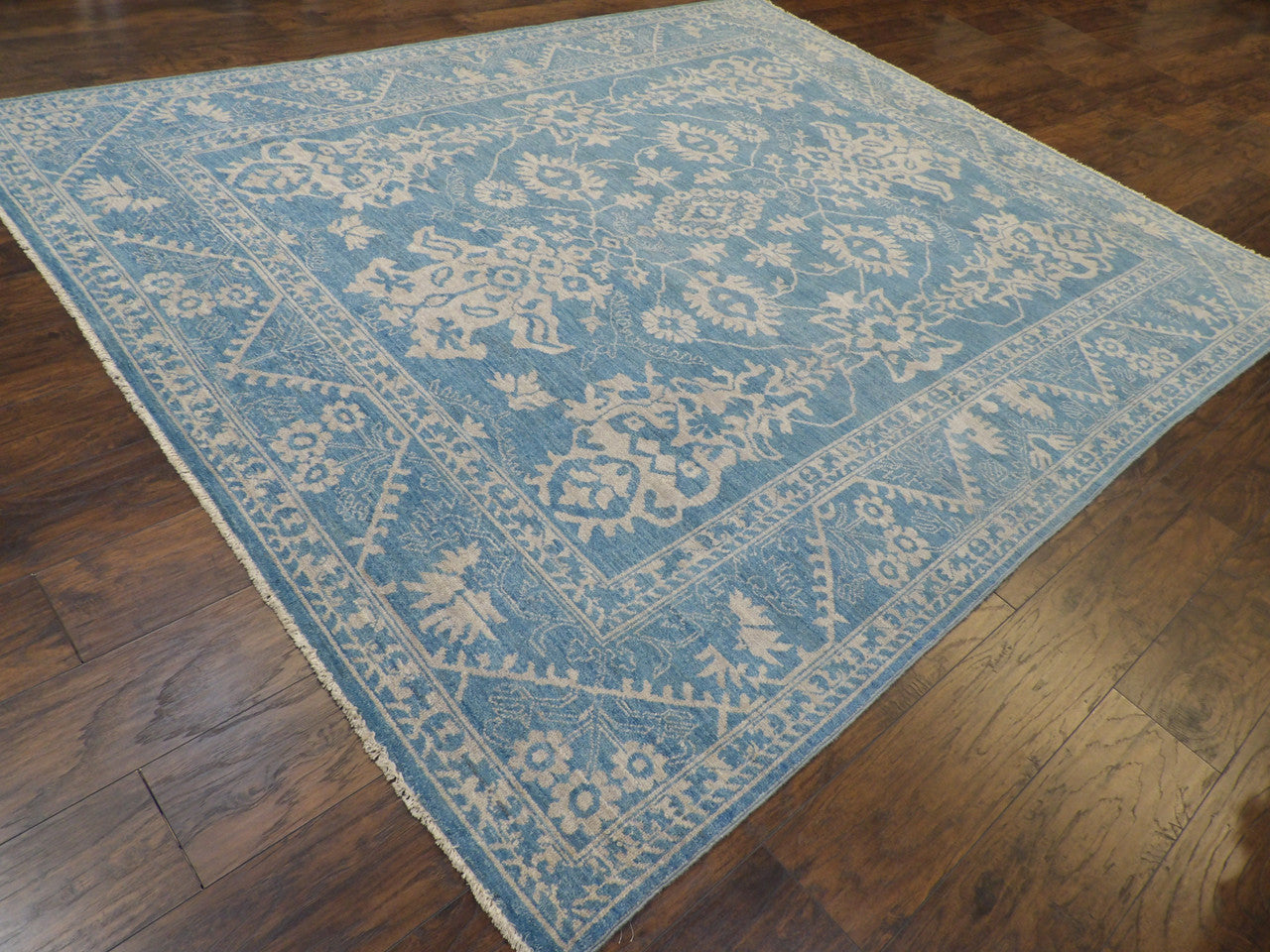 Chobie pattern detail, blue and gray natural dye rug