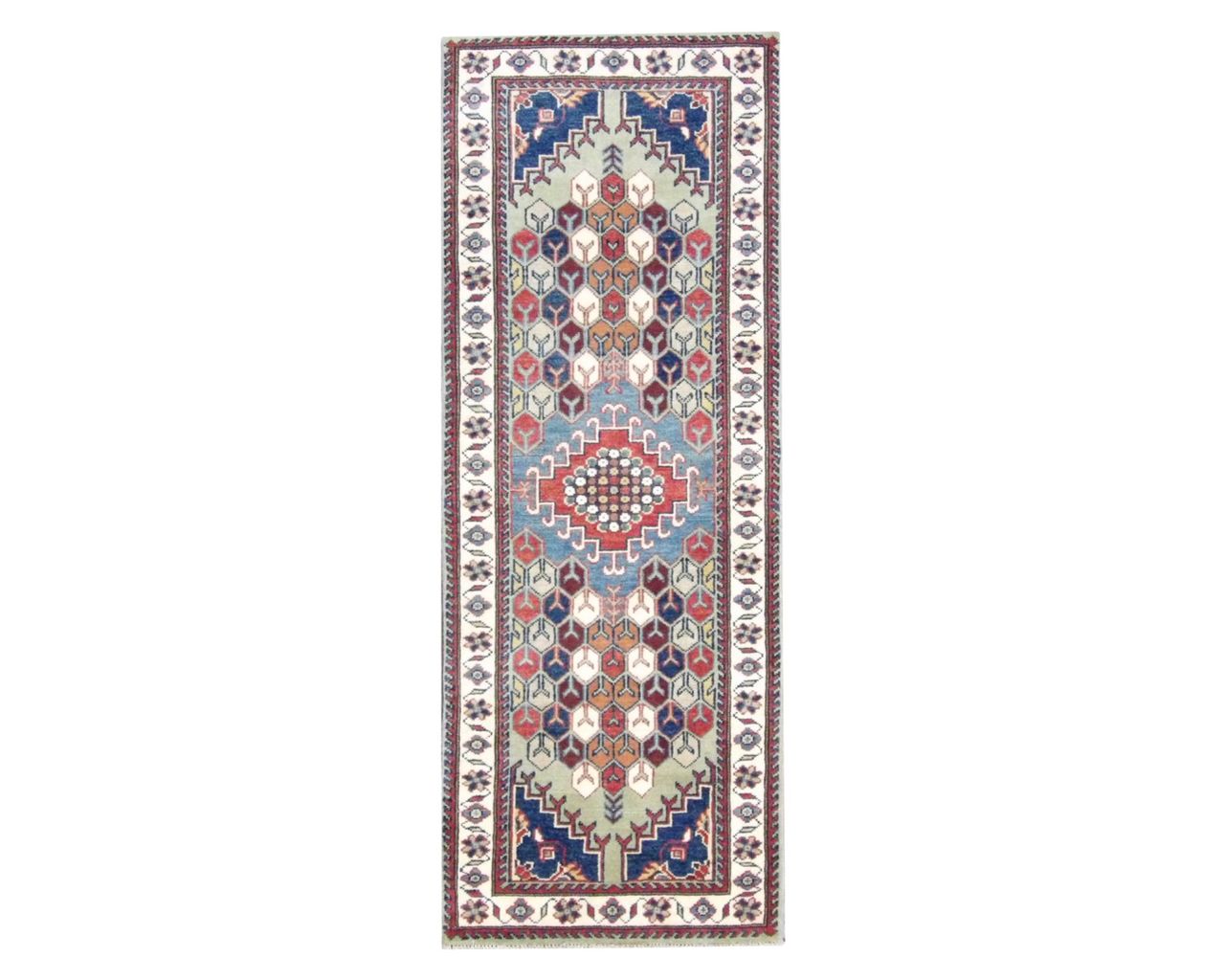 Tribal Kazak hand-knotted wool runner in green and ivory, full view