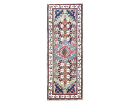 Tribal Kazak hand-knotted wool runner in green and ivory, full view