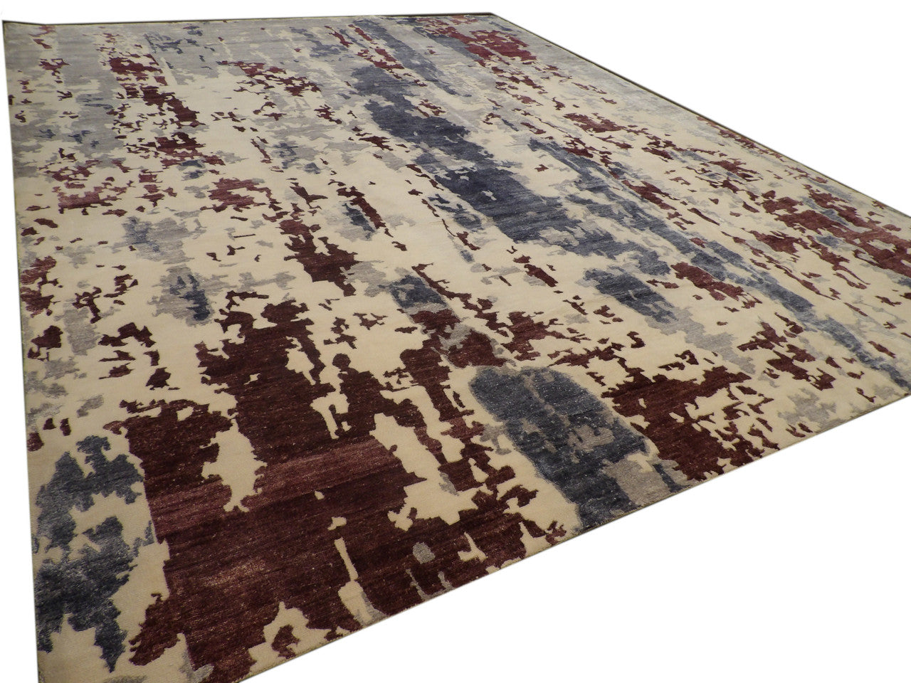 Modern Abstract Carved Hand-Knotted Wool Rug in Blue & White — 12' x 15' Oversized | SKU W800