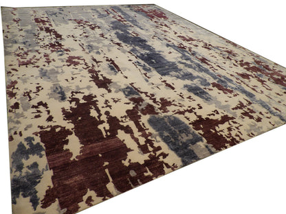 Modern Abstract Carved Hand-Knotted Wool Rug in Blue & White — 12' x 15' Oversized | SKU W800