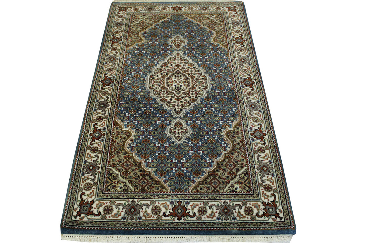 Close-up of wool pile, Blue & Beige rug