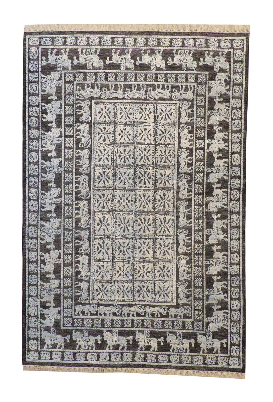 Tribal Sumack Wedding Design hand-knotted wool-silk rug in Black & Blue, full view